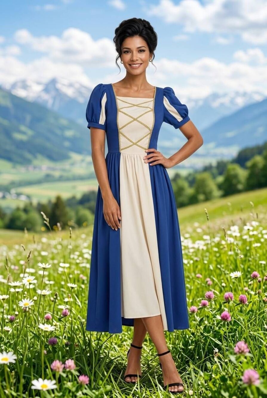 🩵NWOT Blue & Cream Puff Short Sleeve Maxi Dress Small